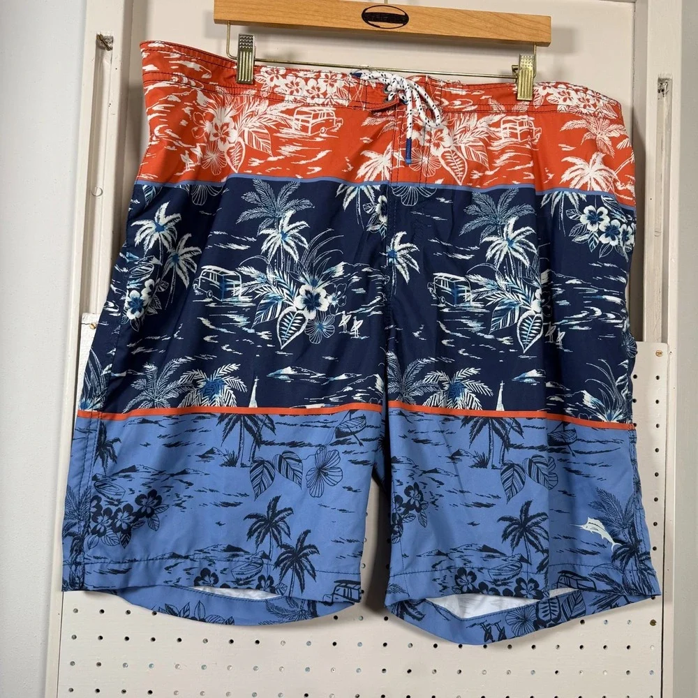 Tommy‎ Bahama Baja Palms Board Shorts Men's Blue Orange Drawstring Beach - 2XL